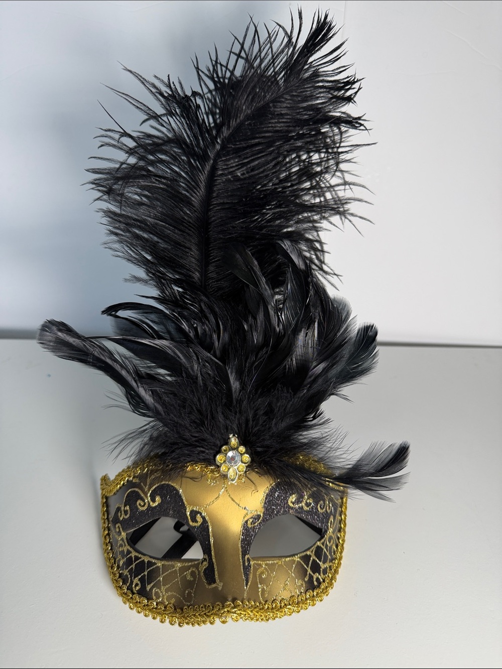 Women's Black & Gold Feathered Masquerade Mask